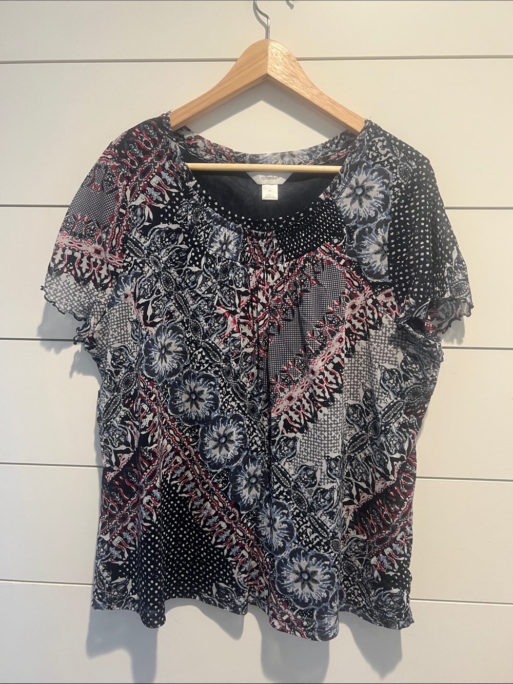 CJ Banks Black and Red Floral Patchwork Short Sleeve Top